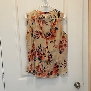 LOFT Floral Button-Down Blouse - Cream and Orange